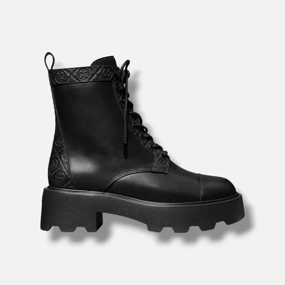 Tory Burch Double T Logo Lug Sole Leather Platform Vachetta Boots Black 8 $500